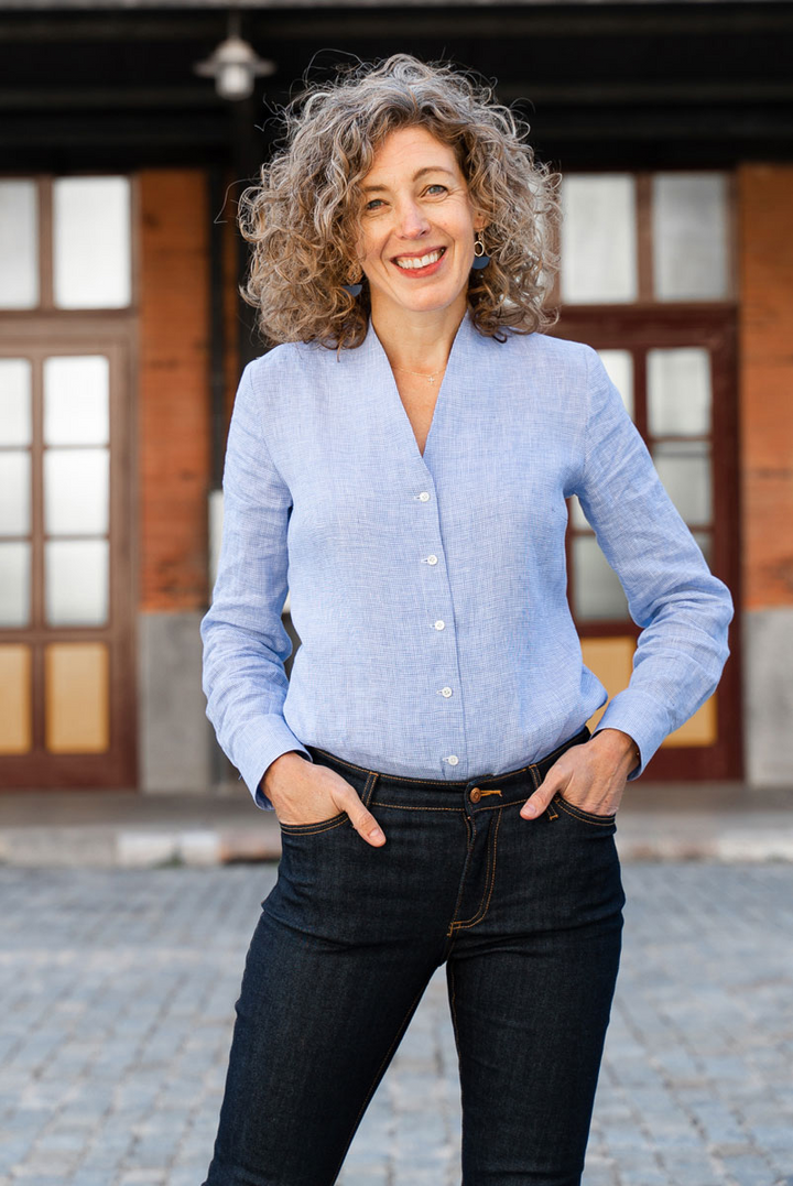 Liesl + Co Fitzroy Blouse sewing pattern with shawl collar and sleeve variations