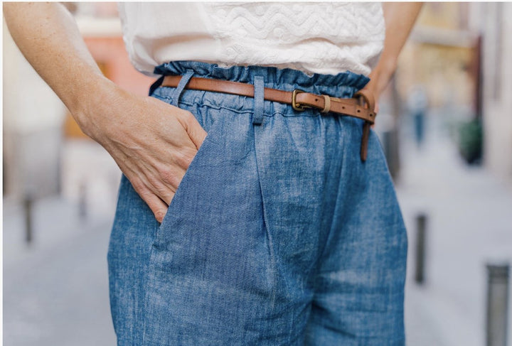 Liesl + Co Lisboa Walking Shorts sewing pattern with paper-bag waist and back pocket options