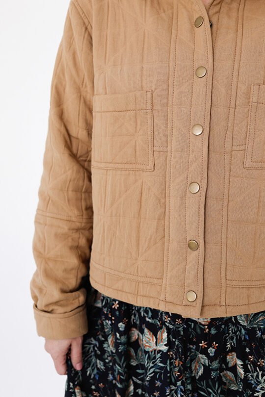Chalk & Notch Den Jacket sewing pattern – customizable woven jacket with patch pockets and two length options for sizes 0-30