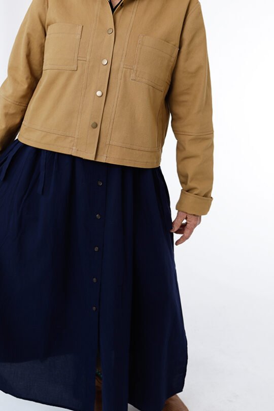 Chalk & Notch Den Jacket sewing pattern – customizable woven jacket with patch pockets and two length options for sizes 0-30