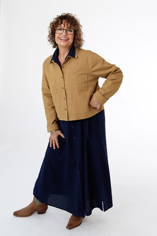 Chalk & Notch Den Jacket sewing pattern – customizable woven jacket with patch pockets and two length options for sizes 0-30