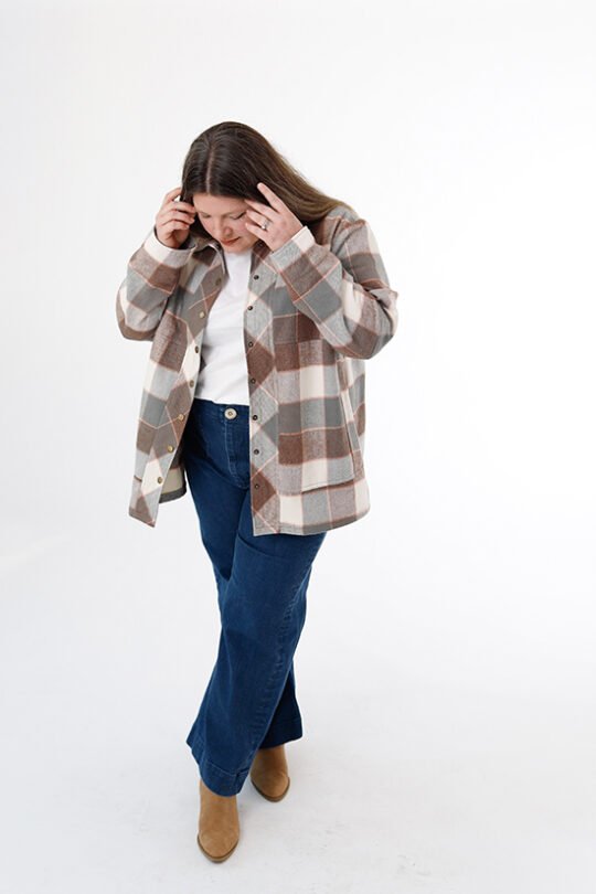 Chalk & Notch Den Jacket sewing pattern – customizable woven jacket with patch pockets and two length options for sizes 0-30