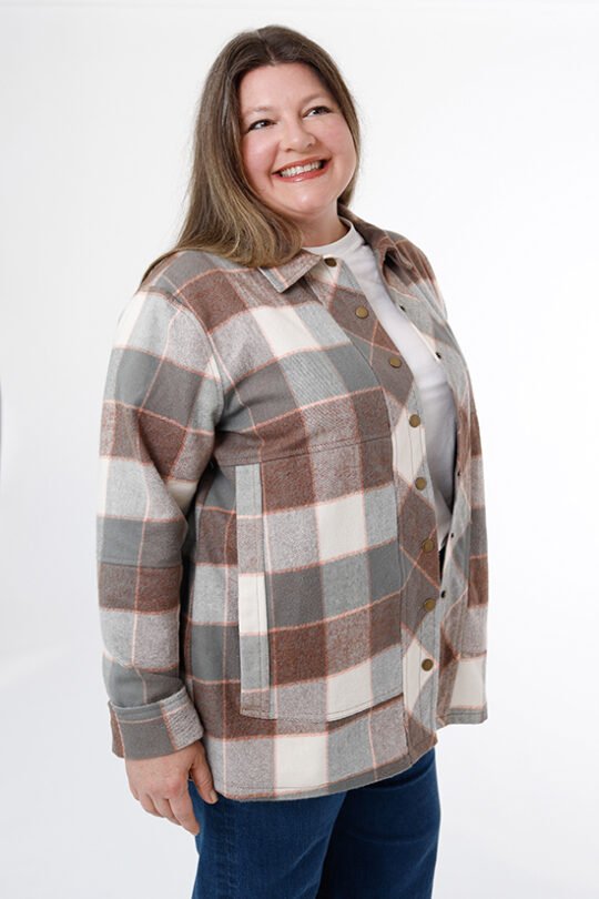 Chalk & Notch Den Jacket sewing pattern – customizable woven jacket with patch pockets and two length options for sizes 0-30
