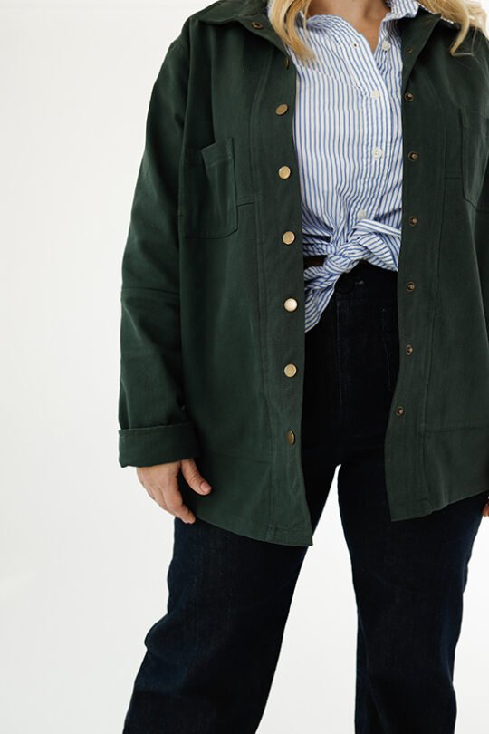 Chalk & Notch Den Jacket sewing pattern – customizable woven jacket with patch pockets and two length options for sizes 0-30