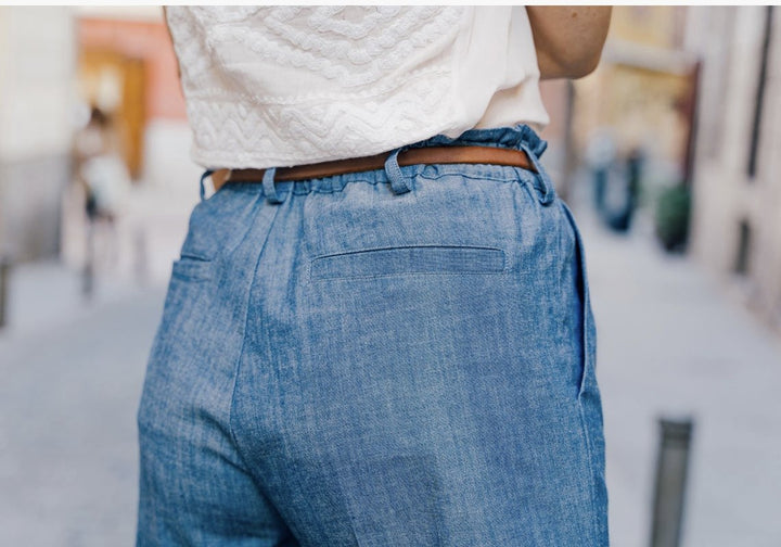 Liesl + Co Lisboa Walking Shorts sewing pattern with paper-bag waist and back pocket options