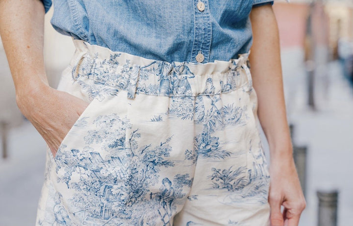 Liesl + Co Lisboa Walking Shorts sewing pattern with paper-bag waist and back pocket options