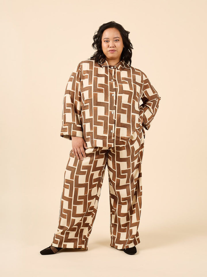 Closet Core Fran Pajamas sewing pattern – tailored two-piece pajama set with cuffed top and straight-legged bottoms