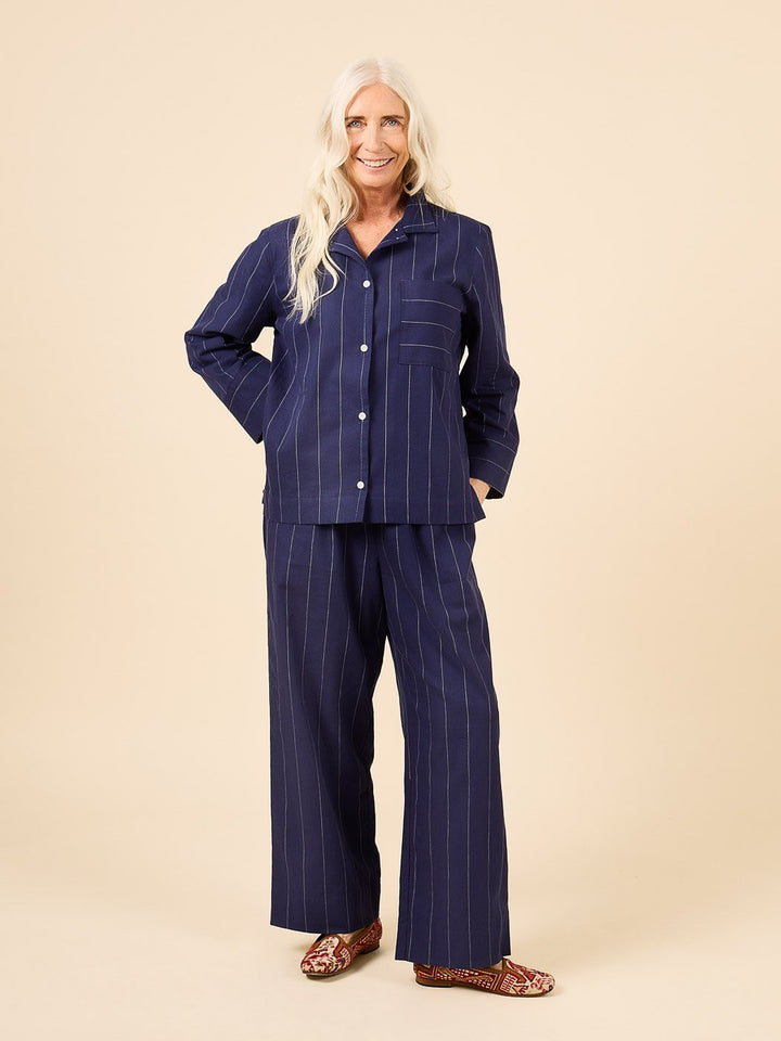 Closet Core Fran Pajamas sewing pattern – tailored two-piece pajama set with cuffed top and straight-legged bottoms