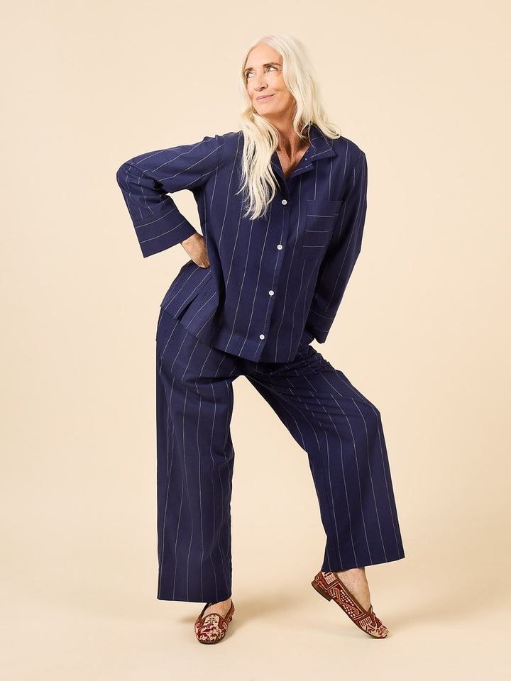 Closet Core Fran Pajamas sewing pattern – tailored two-piece pajama set with cuffed top and straight-legged bottoms