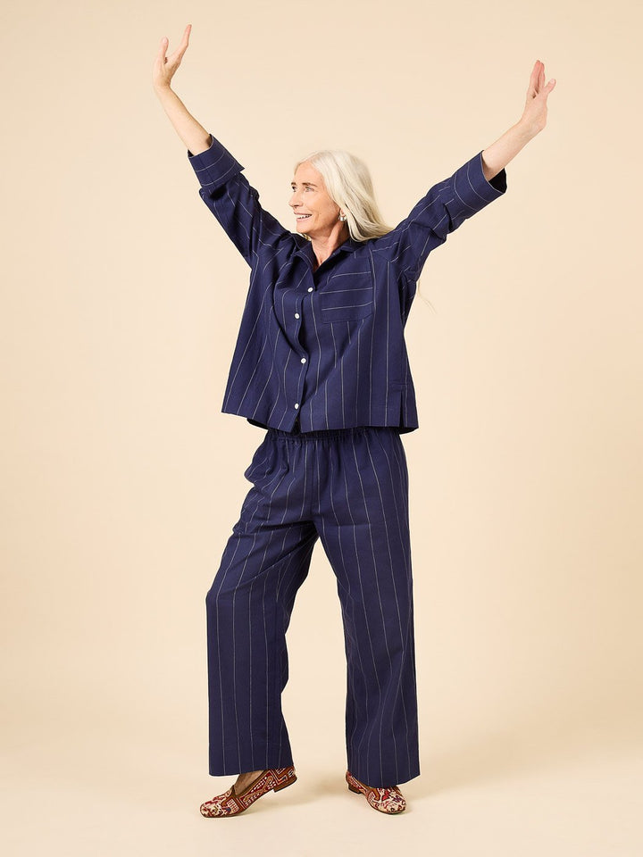 Closet Core Fran Pajamas sewing pattern – tailored two-piece pajama set with cuffed top and straight-legged bottoms