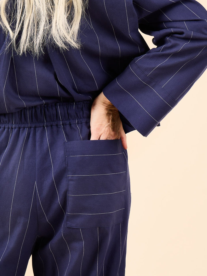 Closet Core Fran Pajamas sewing pattern – tailored two-piece pajama set with cuffed top and straight-legged bottoms