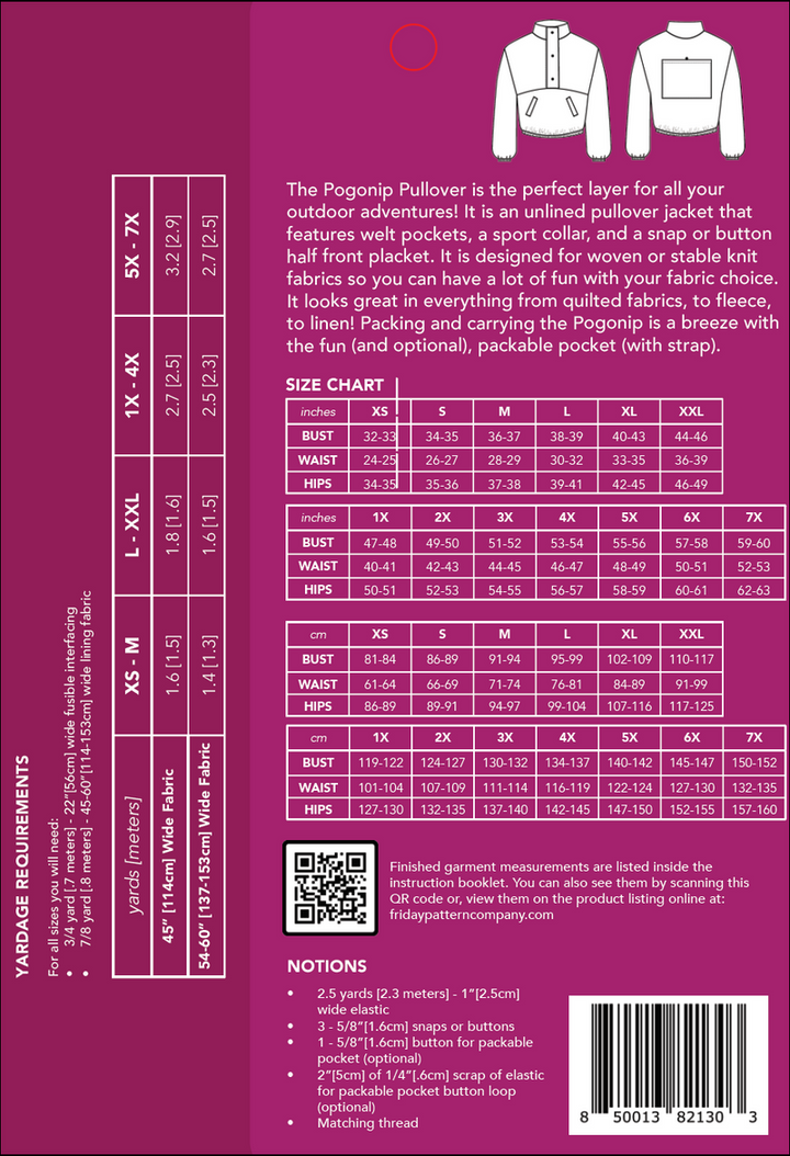 Friday Pattern Co. Pogonip Pullover sewing pattern – unlined jacket with welt pockets and packable option for outdoor adventures