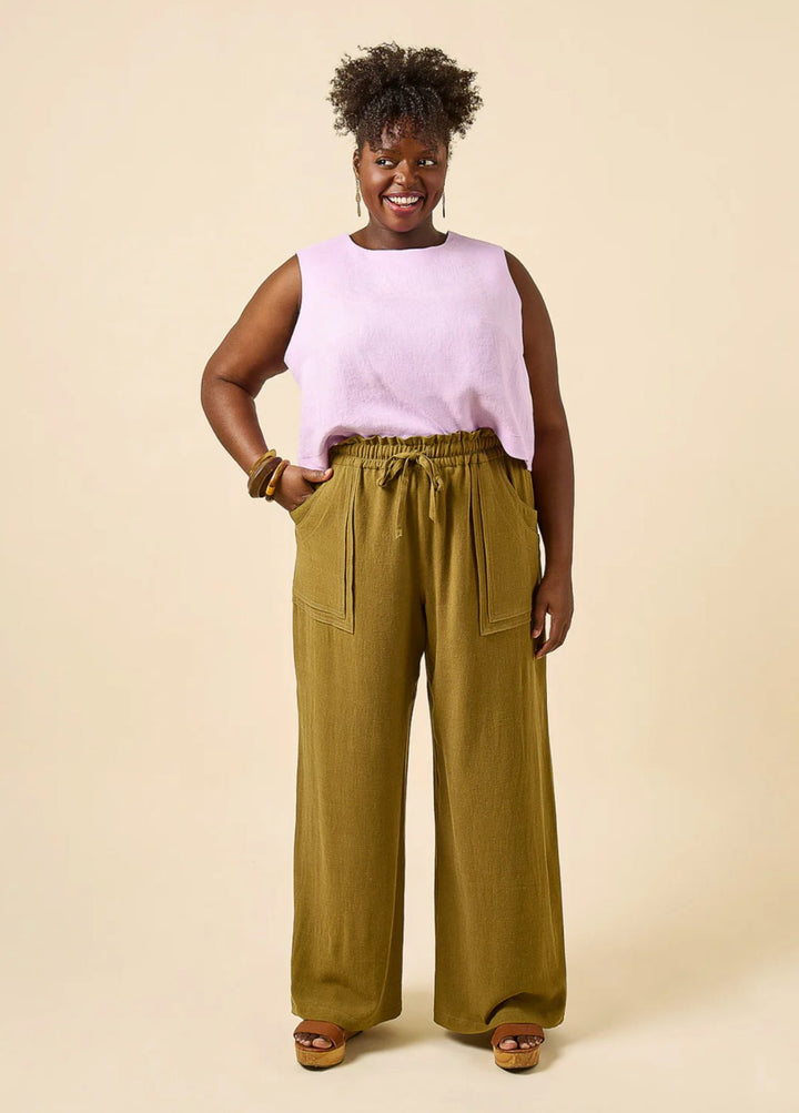 Closet Core Sepia Pants + Shorts sewing pattern with elastic paperbag waistband and floating pockets