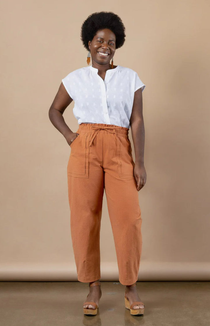Closet Core Sepia Pants + Shorts sewing pattern with elastic paperbag waistband and floating pockets