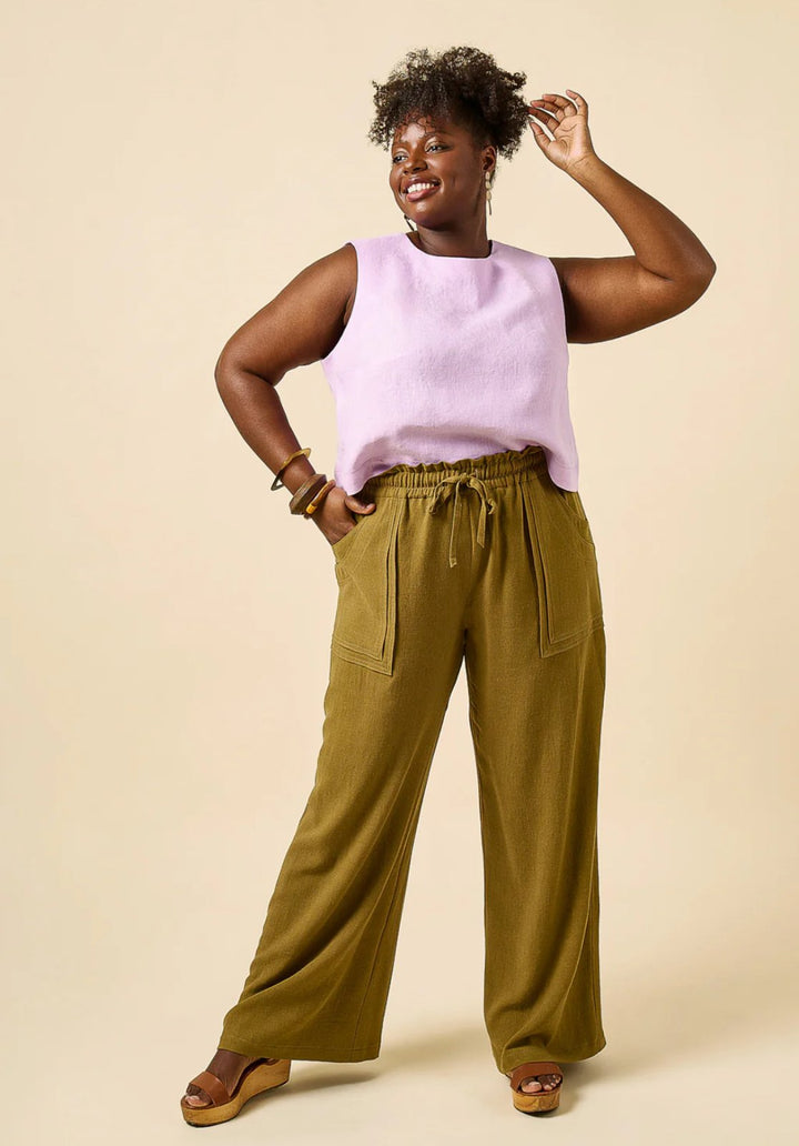 Closet Core Sepia Pants + Shorts sewing pattern with elastic paperbag waistband and floating pockets