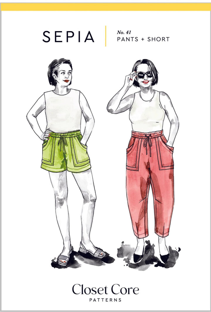 Closet Core Sepia Pants + Shorts sewing pattern with elastic paperbag waistband and floating pockets