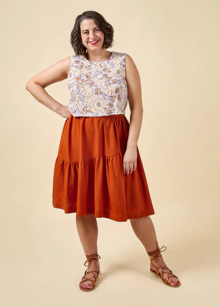 Closet Core Azure sewing pattern – versatile dress, skirt, and sleeveless top with tiered gathered design