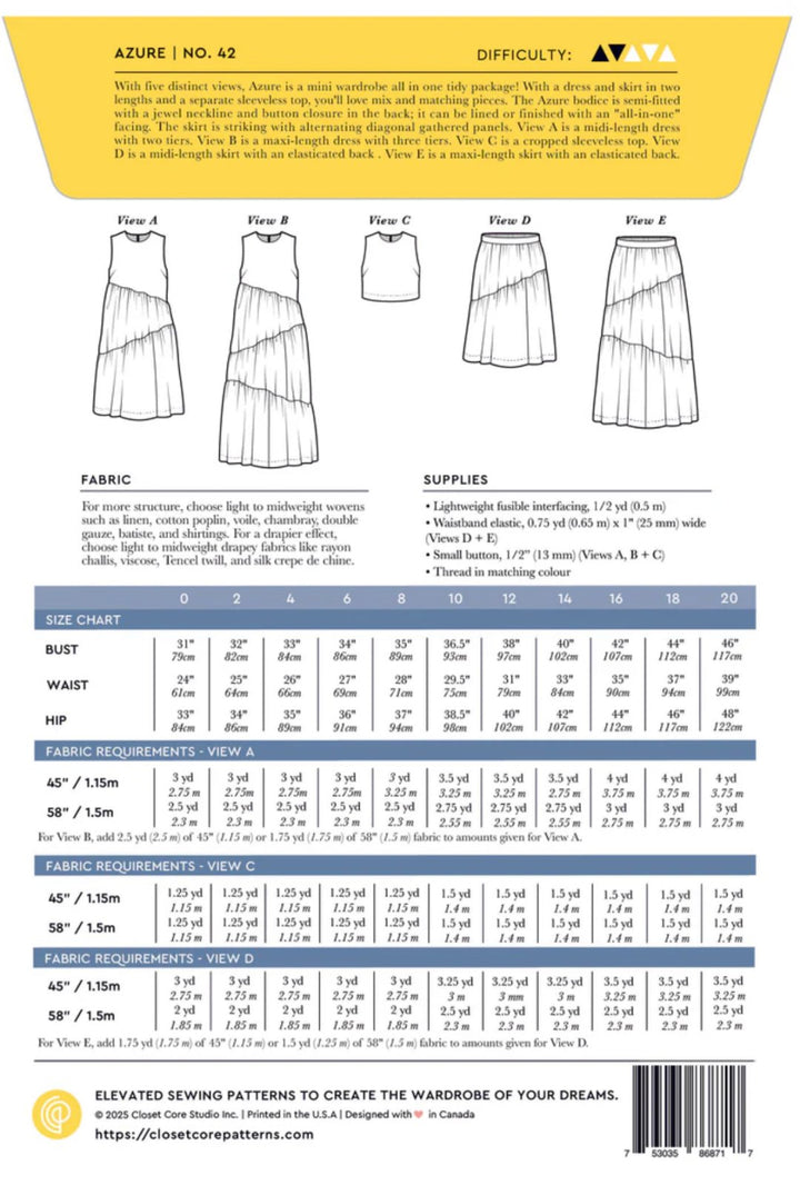 Closet Core Azure sewing pattern – versatile dress, skirt, and sleeveless top with tiered gathered design