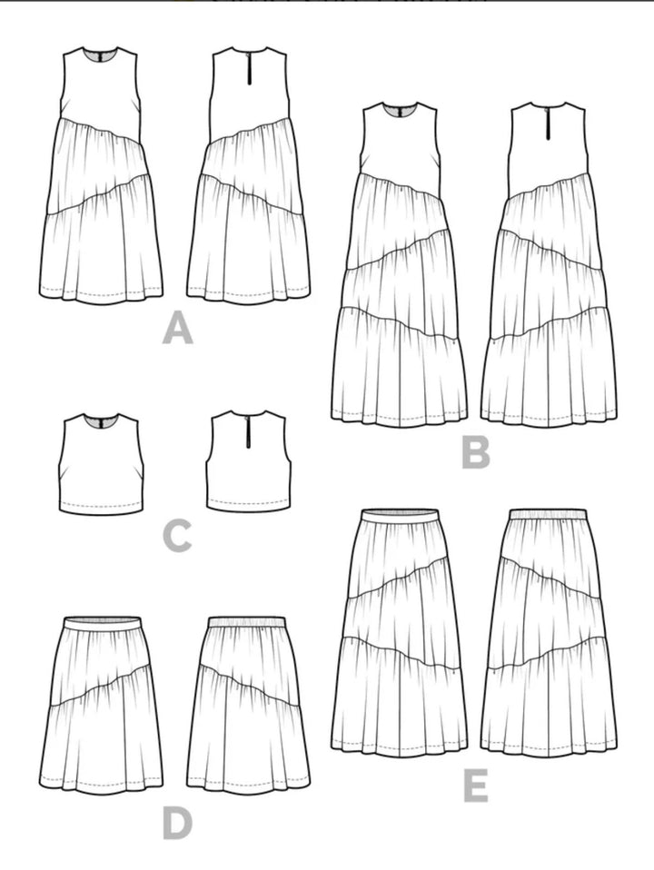Closet Core Azure sewing pattern – versatile dress, skirt, and sleeveless top with tiered gathered design