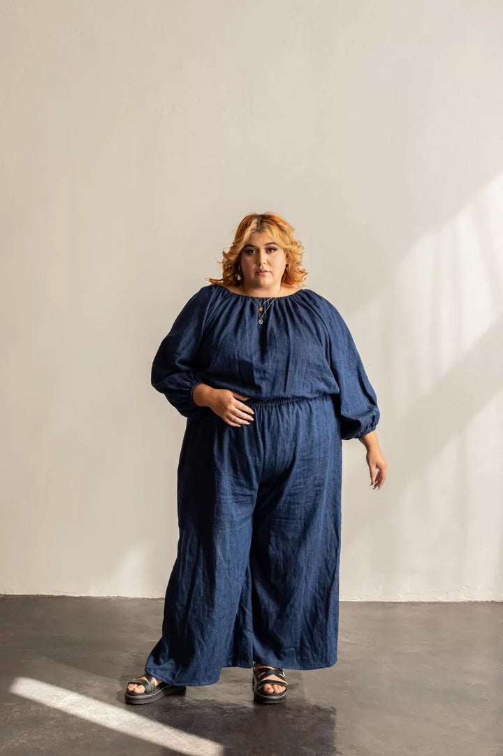 Create the perfect comfortable yet stylish Avenir Jumpsuit with Friday Pattern Co.'s easy sewing pattern. Features billowy sleeves, wide legs & elastic waist in sizes XS-7X for linen, cotton & rayon.