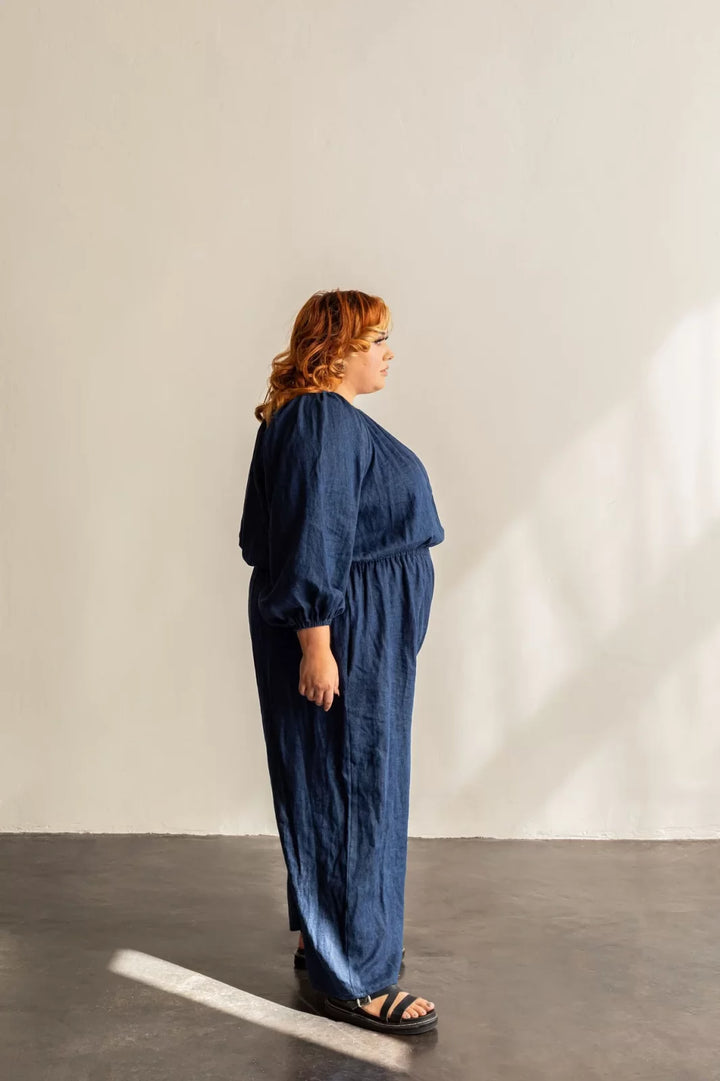 Create the perfect comfortable yet stylish Avenir Jumpsuit with Friday Pattern Co.'s easy sewing pattern. Features billowy sleeves, wide legs & elastic waist in sizes XS-7X for linen, cotton & rayon.