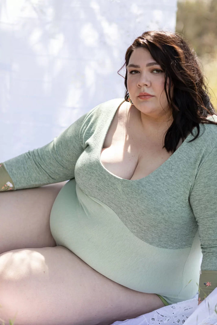 Friday Pattern Co. Elysian Bodysuit sewing pattern – long-sleeve knit bodysuit with scoop neck for sizes XS-7X