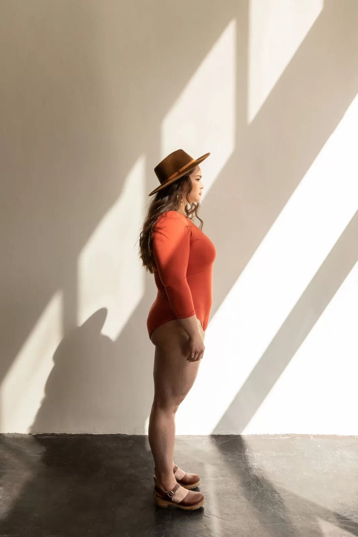 Friday Pattern Co. Elysian Bodysuit sewing pattern – long-sleeve knit bodysuit with scoop neck for sizes XS-7X