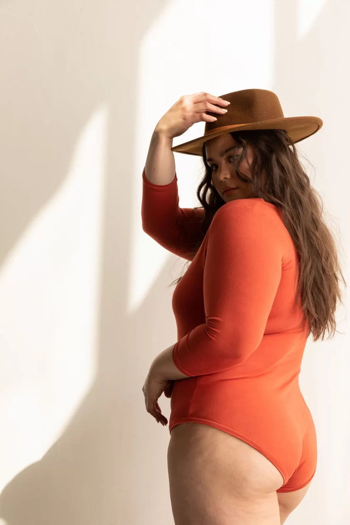 Friday Pattern Co. Elysian Bodysuit sewing pattern – long-sleeve knit bodysuit with scoop neck for sizes XS-7X