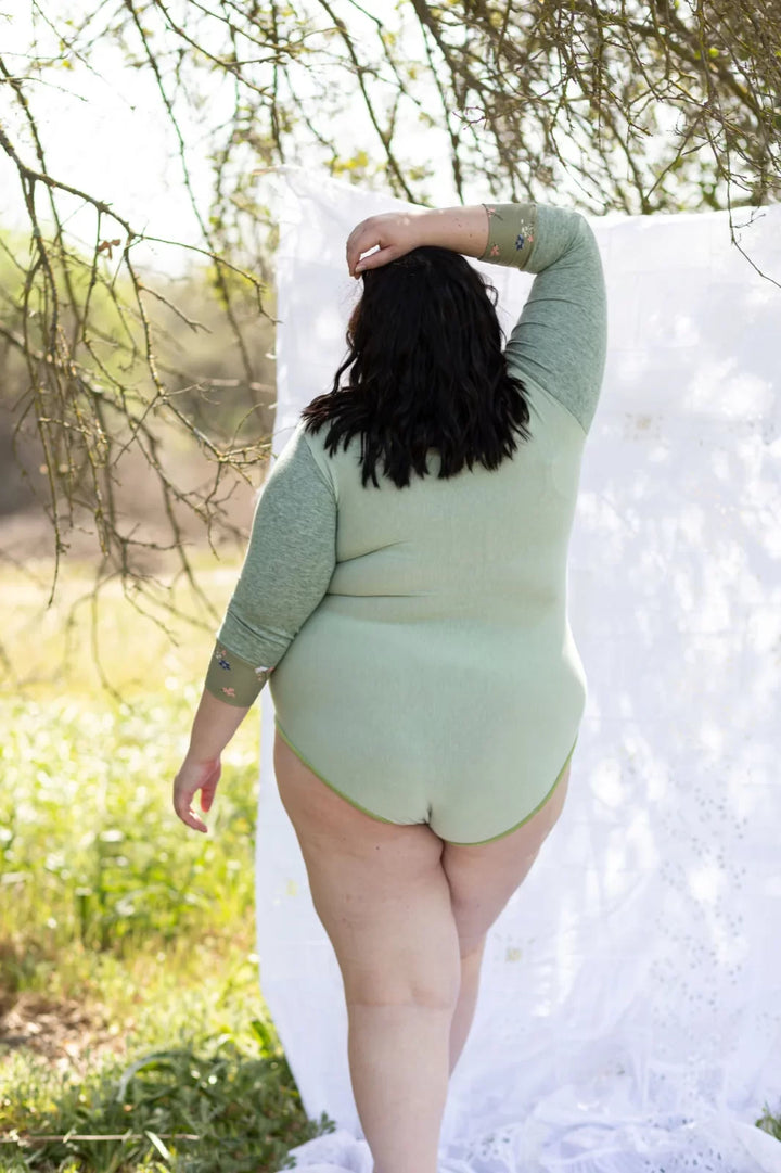 Friday Pattern Co. Elysian Bodysuit sewing pattern – long-sleeve knit bodysuit with scoop neck for sizes XS-7X