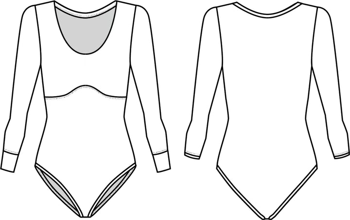 Friday Pattern Co. Elysian Bodysuit sewing pattern – long-sleeve knit bodysuit with scoop neck for sizes XS-7X