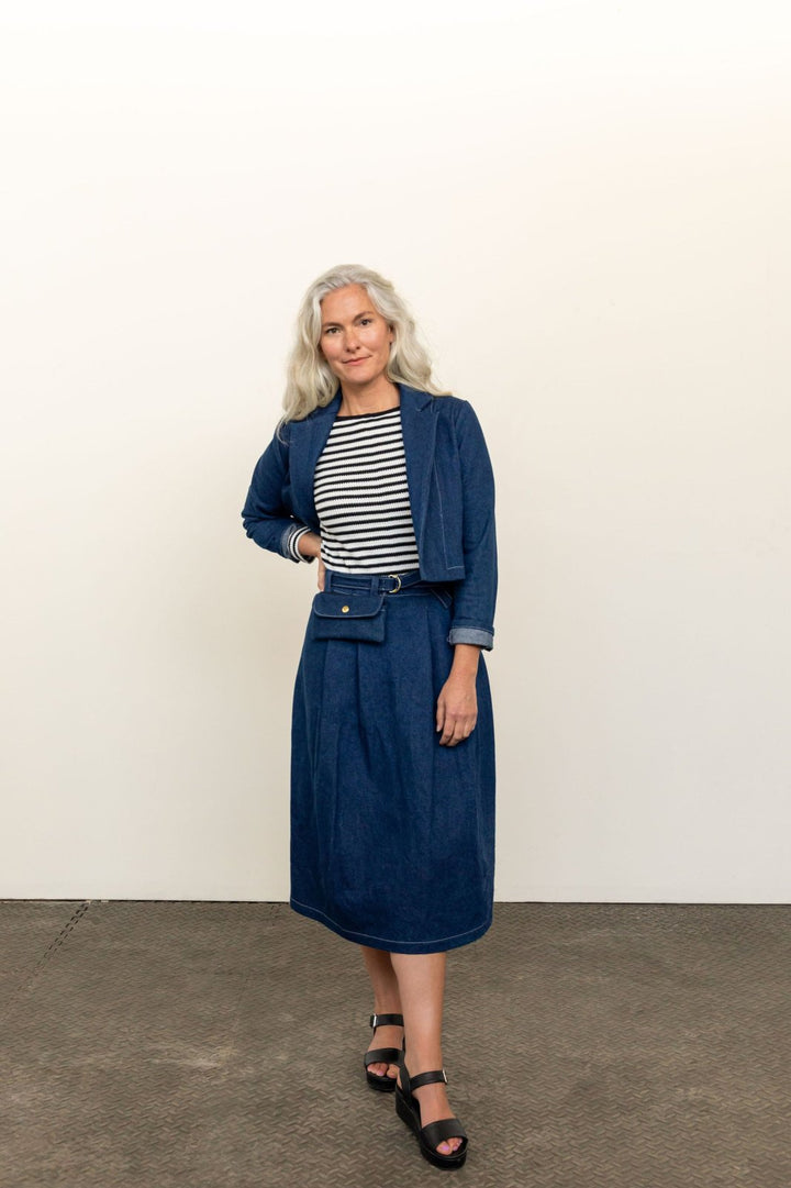 Friday Pattern Co. Bernadette Skirt sewing pattern – pleated skirt with detachable belt bag in mini and midi lengths for sizes XS-7X