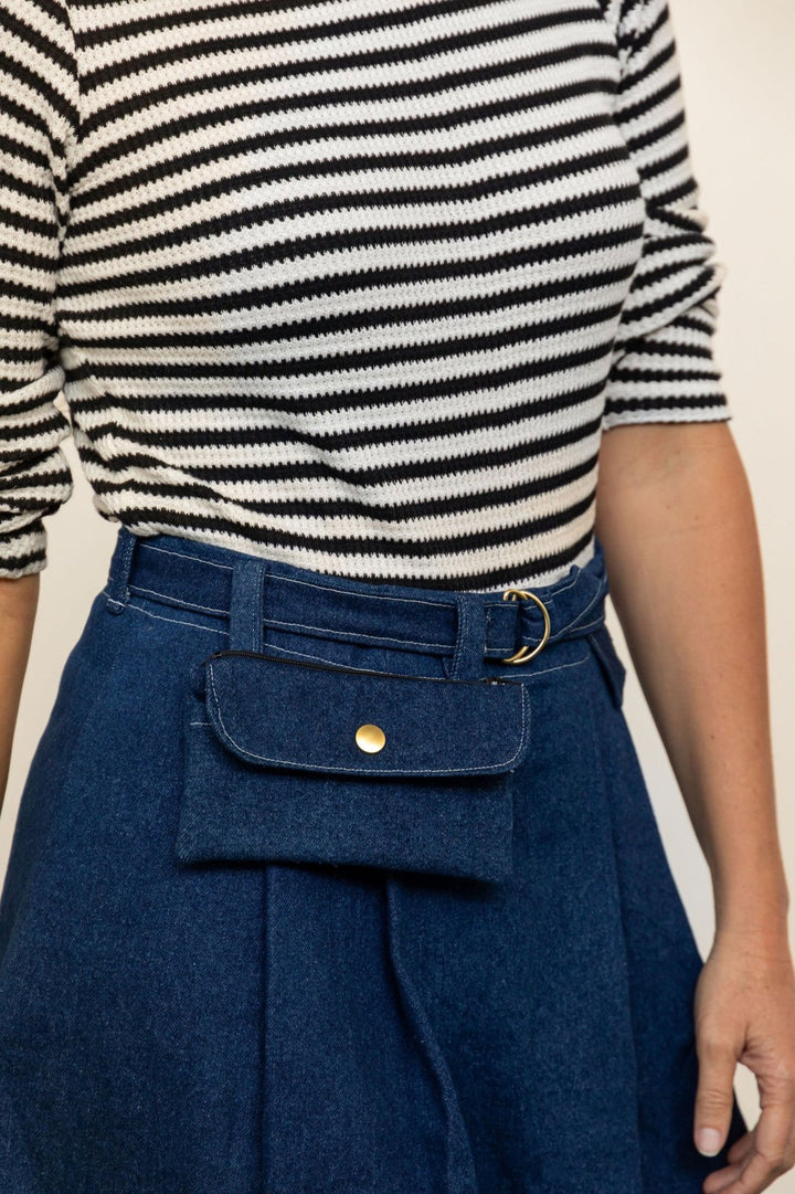 Friday Pattern Co. Bernadette Skirt sewing pattern – pleated skirt with detachable belt bag in mini and midi lengths for sizes XS-7X