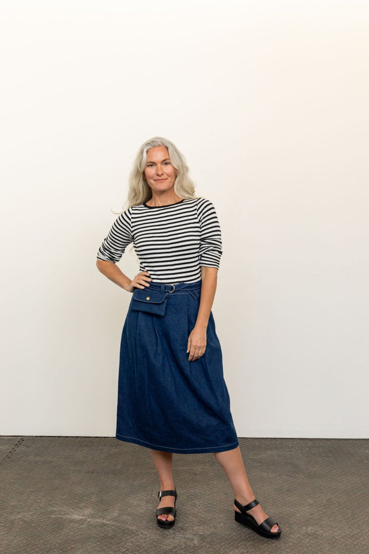 Friday Pattern Co. Bernadette Skirt sewing pattern – pleated skirt with detachable belt bag in mini and midi lengths for sizes XS-7X