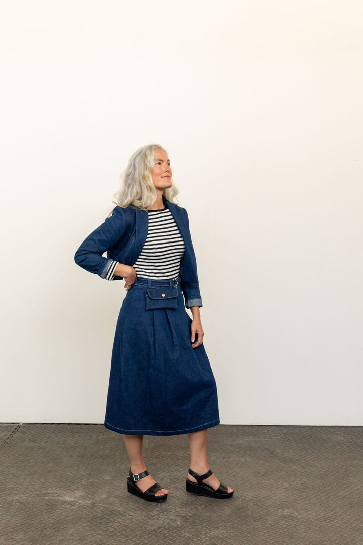 Friday Pattern Co. Bernadette Skirt sewing pattern – pleated skirt with detachable belt bag in mini and midi lengths for sizes XS-7X