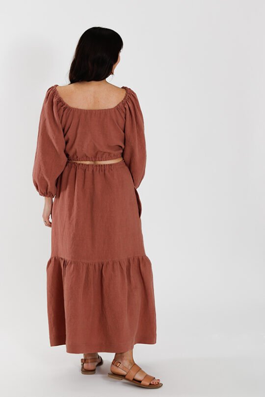 Chalk & Notch Ivie Dress sewing pattern – bohemian maxi dress and two-piece set with adjustable drawstrings and ruffles for sizes 0-30