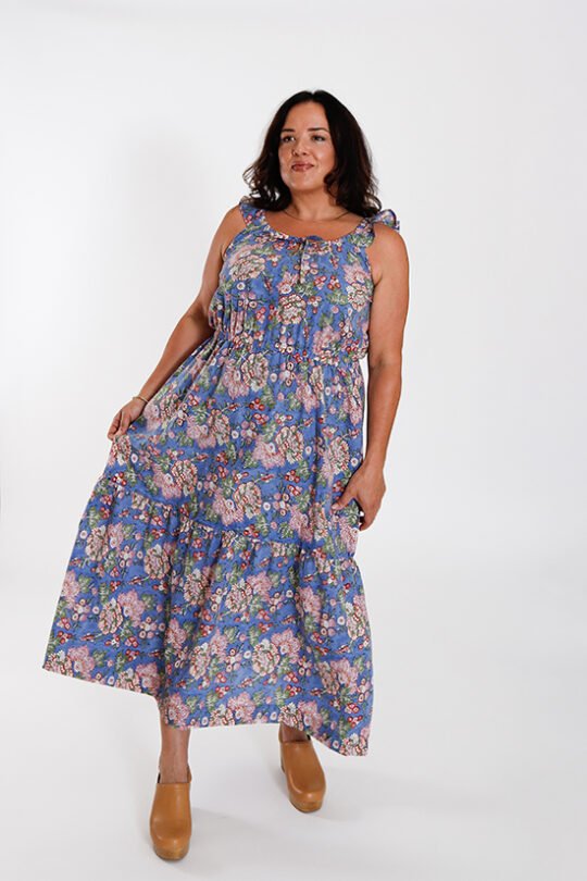 Chalk & Notch Ivie Dress sewing pattern – bohemian maxi dress and two-piece set with adjustable drawstrings and ruffles for sizes 0-30