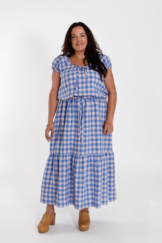 Chalk & Notch Ivie Dress sewing pattern – bohemian maxi dress and two-piece set with adjustable drawstrings and ruffles for sizes 0-30