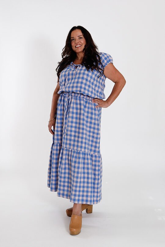 Chalk & Notch Ivie Dress sewing pattern – bohemian maxi dress and two-piece set with adjustable drawstrings and ruffles for sizes 0-30