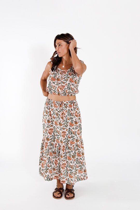 Chalk & Notch Ivie Dress sewing pattern – bohemian maxi dress and two-piece set with adjustable drawstrings and ruffles for sizes 0-30