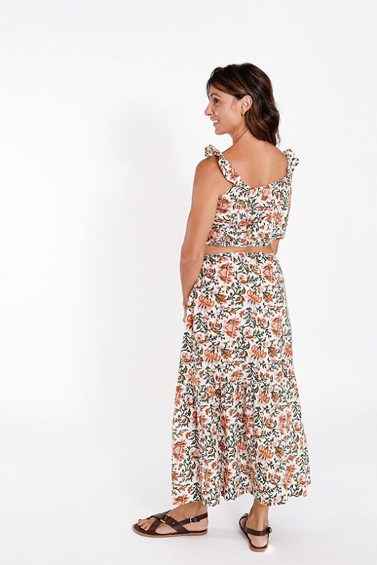 Chalk & Notch Ivie Dress sewing pattern – bohemian maxi dress and two-piece set with adjustable drawstrings and ruffles for sizes 0-30