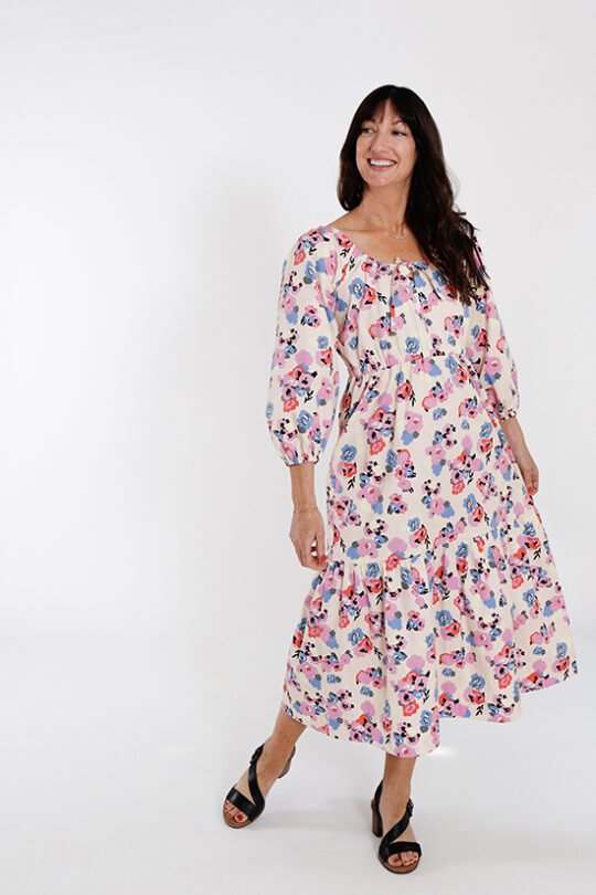 Chalk & Notch Ivie Dress sewing pattern – bohemian maxi dress and two-piece set with adjustable drawstrings and ruffles for sizes 0-30