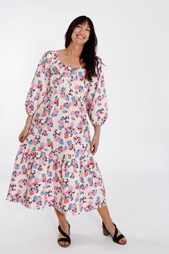 Chalk & Notch Ivie Dress sewing pattern – bohemian maxi dress and two-piece set with adjustable drawstrings and ruffles for sizes 0-30