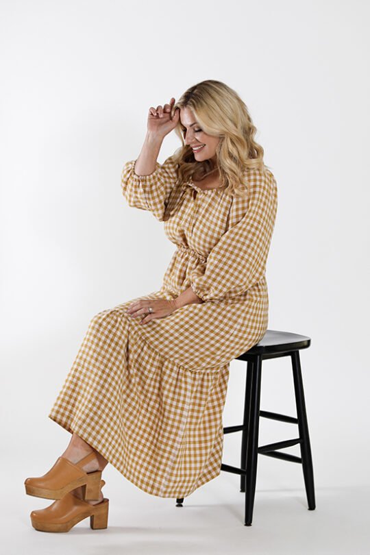 Chalk & Notch Ivie Dress sewing pattern – bohemian maxi dress and two-piece set with adjustable drawstrings and ruffles for sizes 0-30
