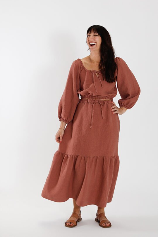 Chalk & Notch Ivie Dress sewing pattern – bohemian maxi dress and two-piece set with adjustable drawstrings and ruffles for sizes 0-30