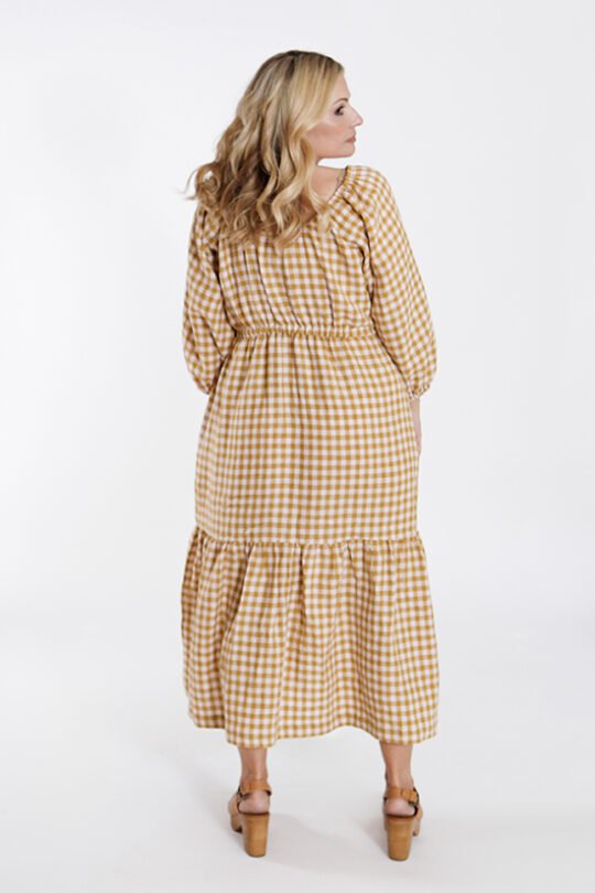 Chalk & Notch Ivie Dress sewing pattern – bohemian maxi dress and two-piece set with adjustable drawstrings and ruffles for sizes 0-30