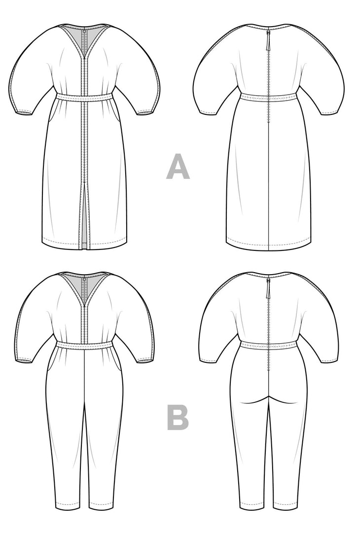 Closet Core Jo Dress + Jumpsuit sewing pattern – V-neck bodice with croissant sleeves and bias-bound slot seam finish
