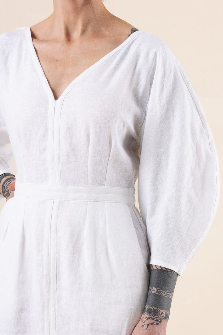 Closet Core Jo Dress + Jumpsuit sewing pattern – V-neck bodice with croissant sleeves and bias-bound slot seam finish