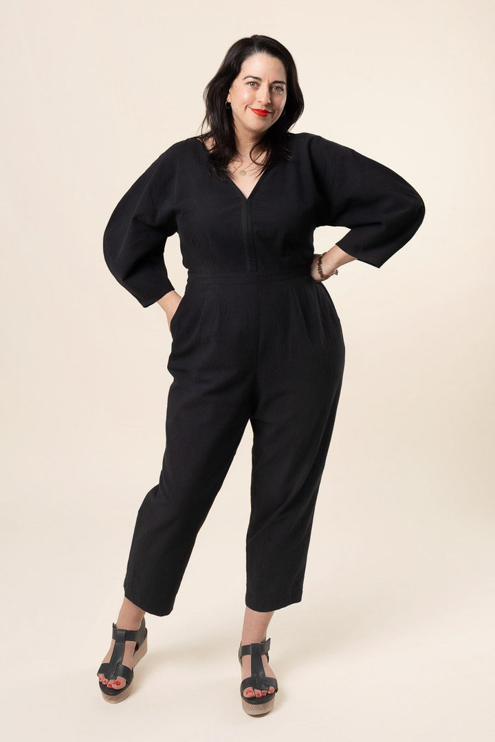 Closet Core Jo Dress + Jumpsuit sewing pattern – V-neck bodice with croissant sleeves and bias-bound slot seam finish