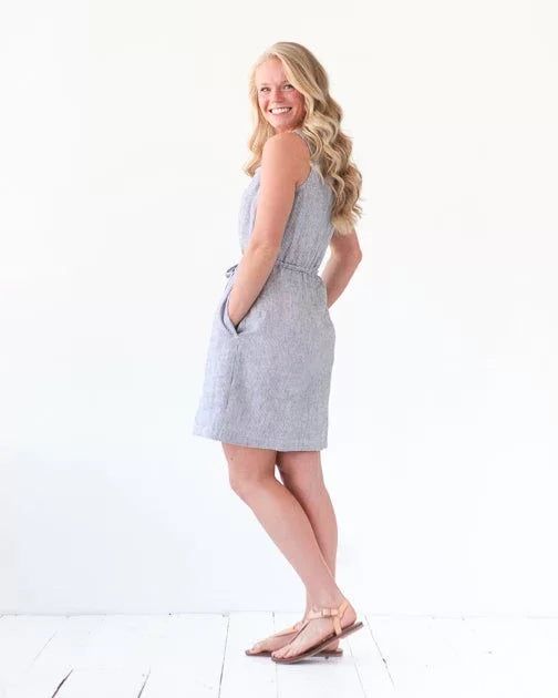 True Bias Southport Dress sewing pattern with button-front closure, drawstring waist, inseam pockets, mid-length and maxi-length options