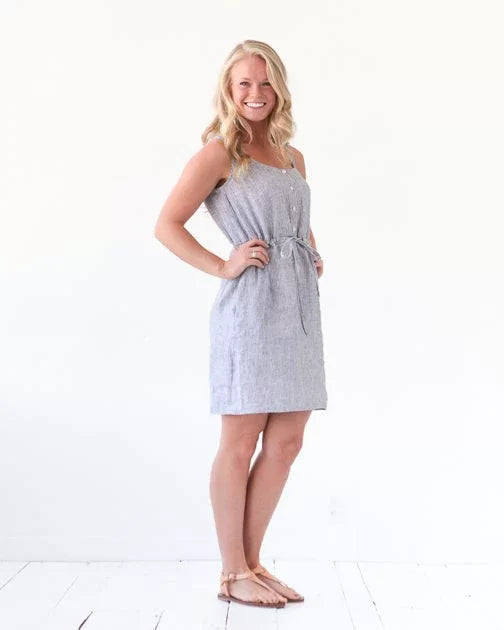 True Bias Southport Dress sewing pattern with button-front closure, drawstring waist, inseam pockets, mid-length and maxi-length options
